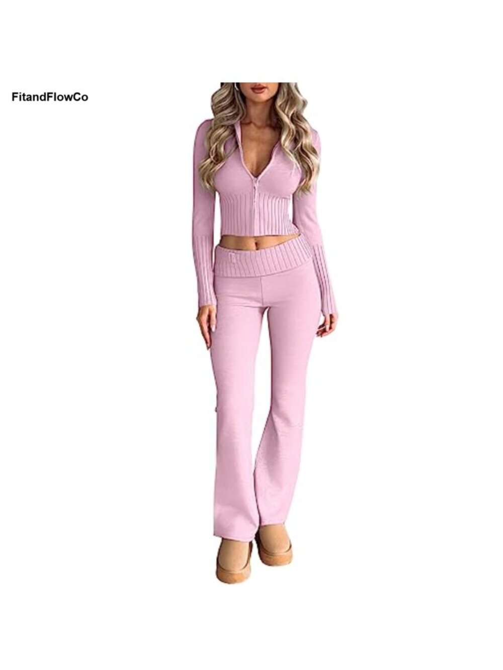 Ribbed Knit 2 Piece Sweatsuit Set Cropped Hoodie Flared Pants Loungewear